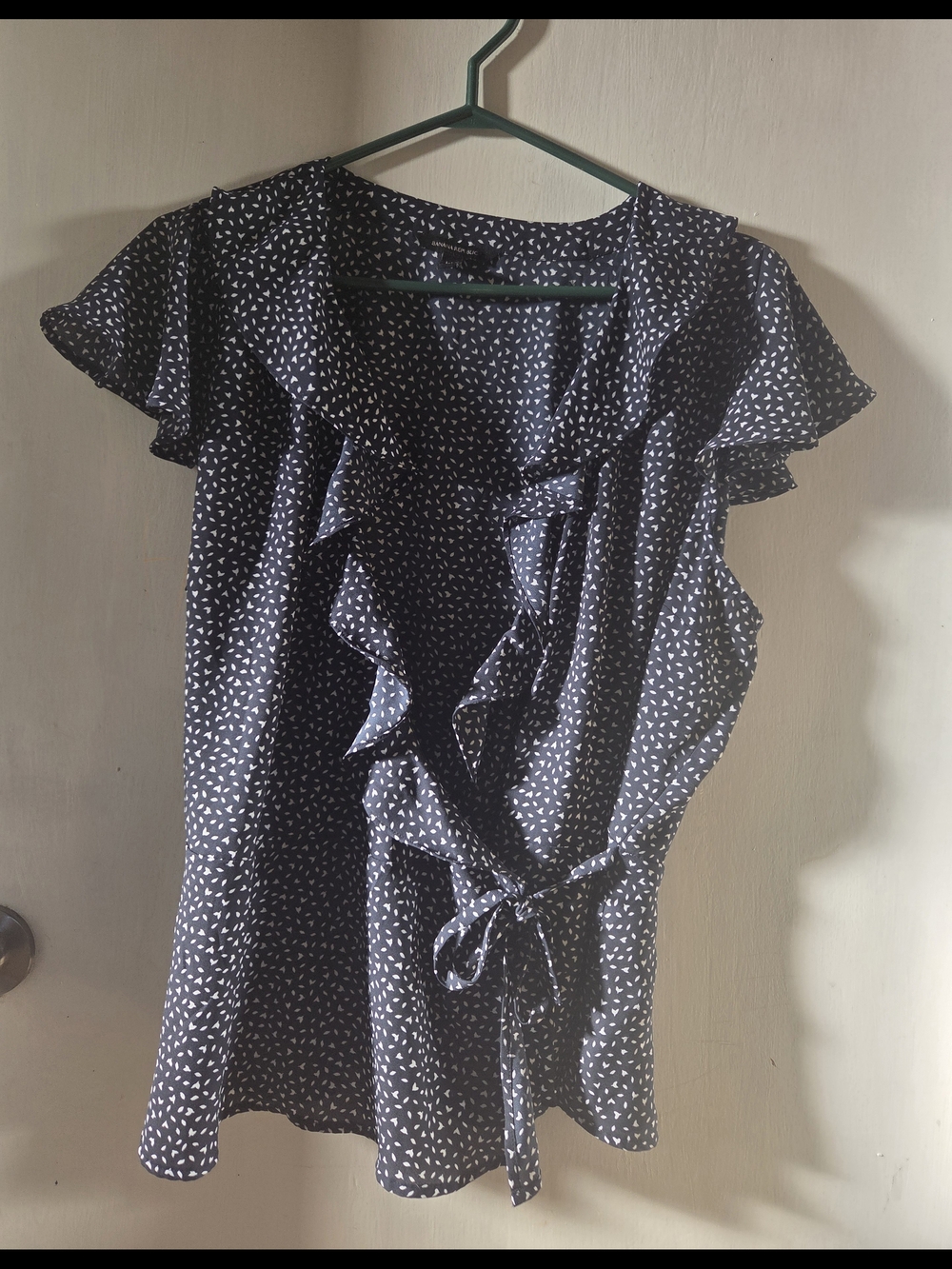 Banana Republic Navy Ruffle Wrap Blouse with White Micro Pattern
